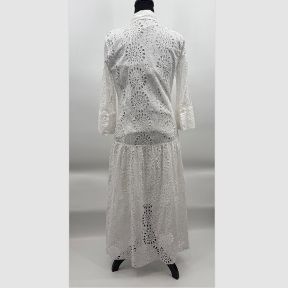 Zara Dress Women Medium White Eyelet 3/4 Sleeves Button Up Midi Cottage Boho - Picture 9 of 13